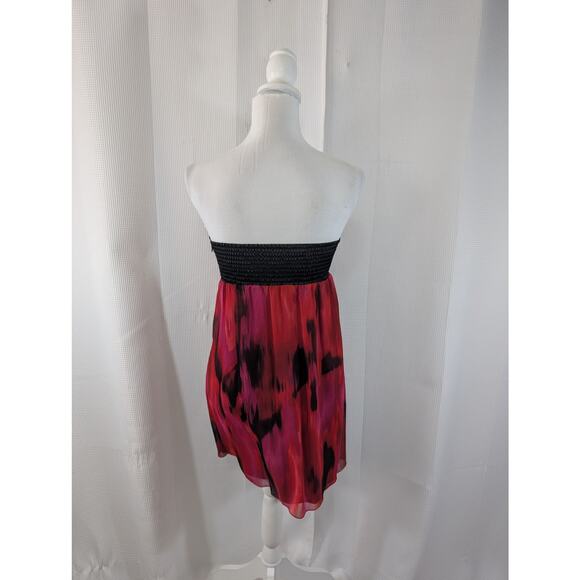 BEBE! 2B! BLACK SATIN BODICE, RED, PURPLE & BLACK ABSTRACT CHIFFON DRESS! SZ S - Picture 9 of 10